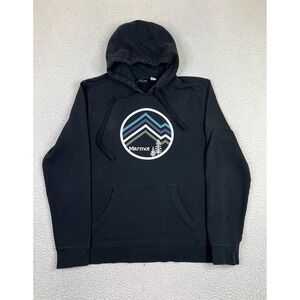 Marmot Hoodie Mens Large Black Pullover Fleece Graphic Mountain Logo Sweatshirt